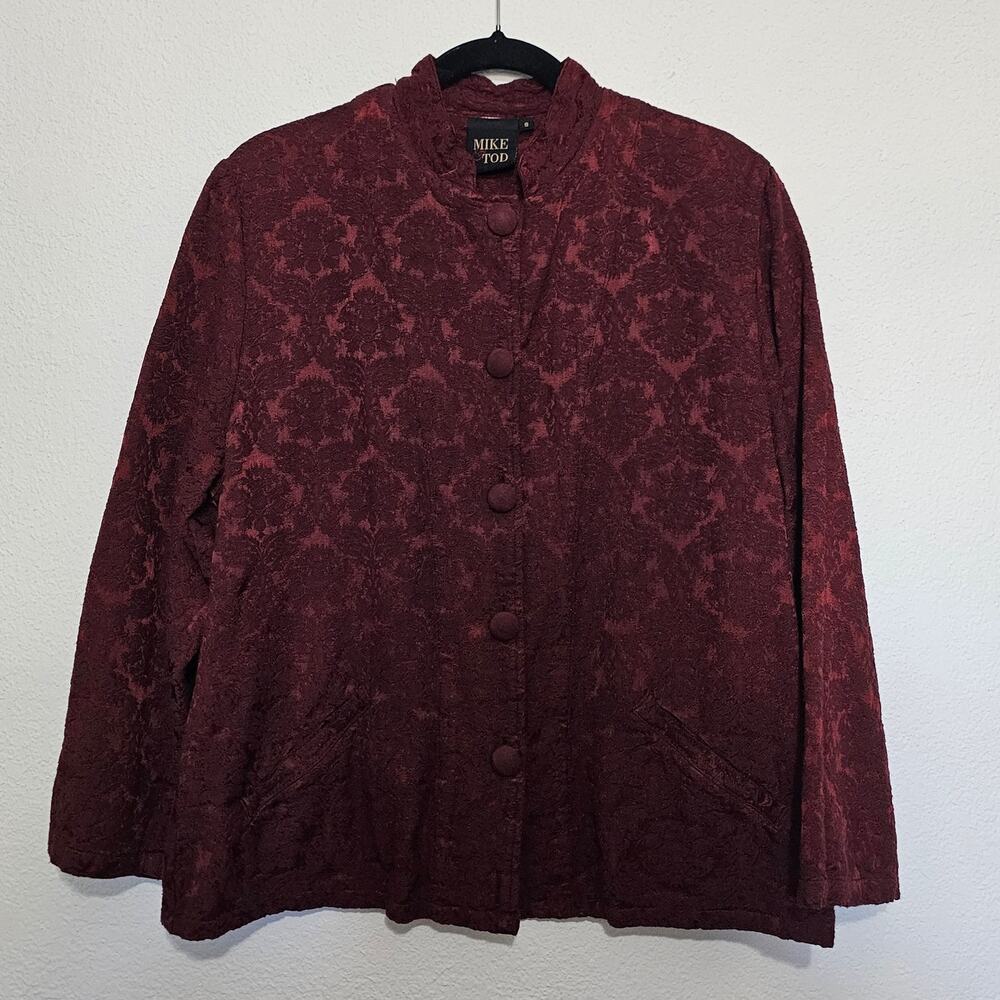 Mike Tod Dark Red Oriental Blazer Women Small Jacquard Button Front Tapestry